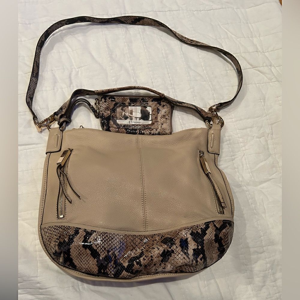 B. Makowsky Leather Bag with Crossbody strap. Cream leather with snakeskin trim